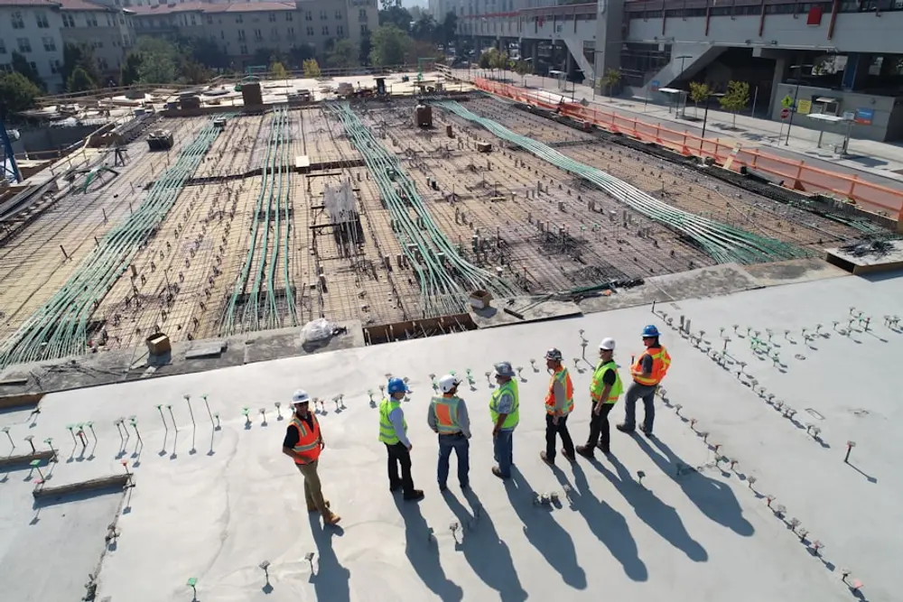 A building crew reviewing work on an active construction site